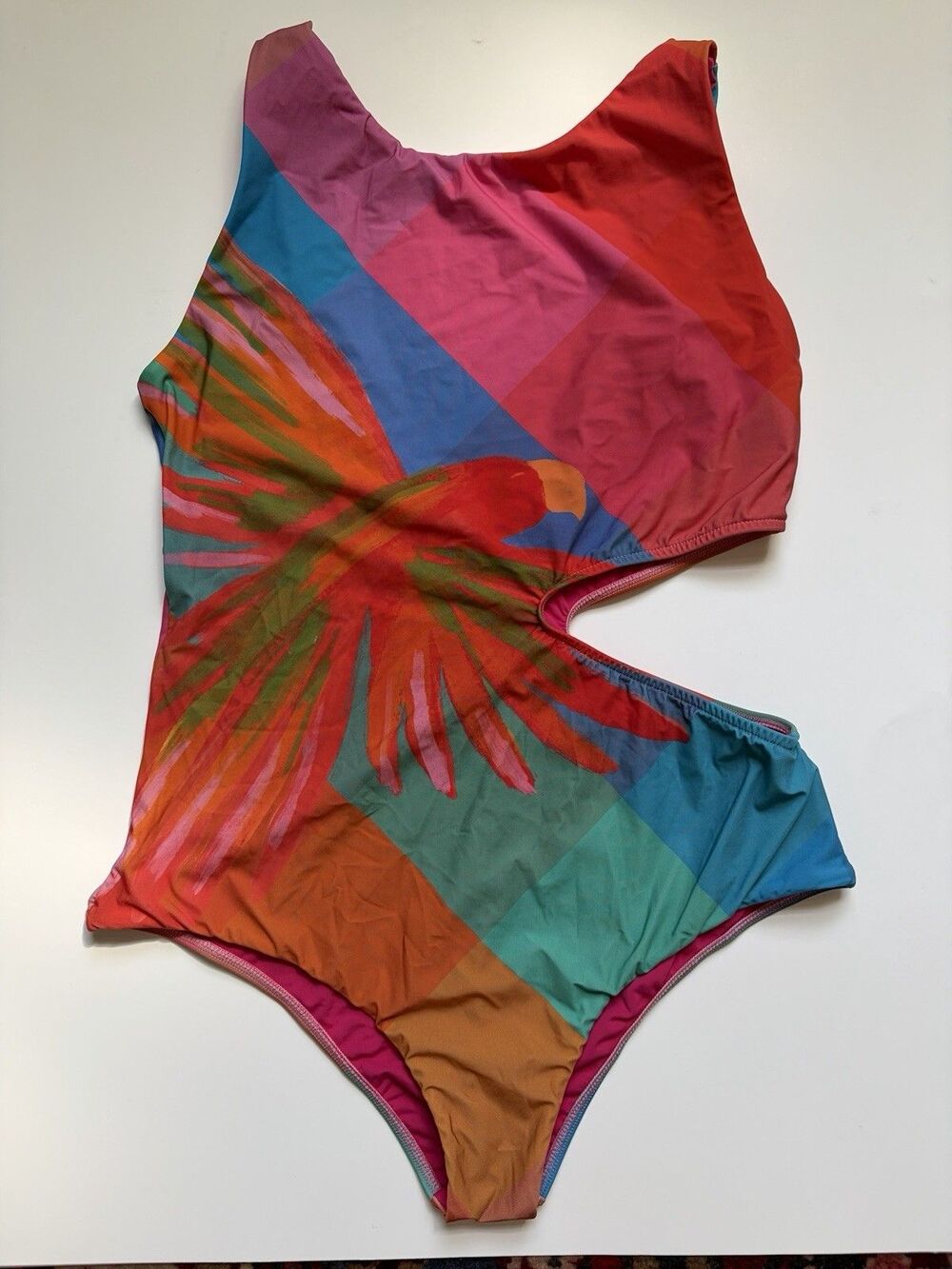 Farm Rio Women’s Large Colorblock Bird Cutout One Piece Swimsuit Tropical
